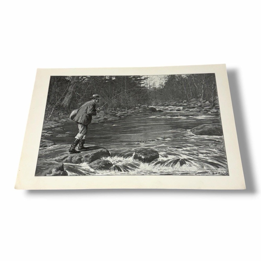 Vintage Illustration Art Bookplate 1904 Trout Fishing by AB Frost AA